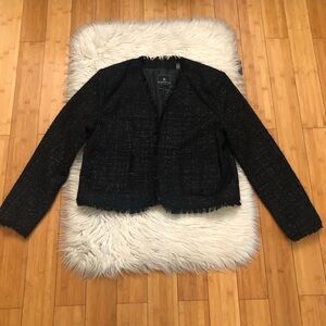 Bagatelle Tweed Metallic Frayed Hem Open Front Black Cropped Jacket size XL NWT